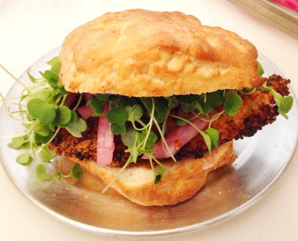 An oven ‘fried’ chicken biscuit sandwich at Honest Biscuits. Photo source. 