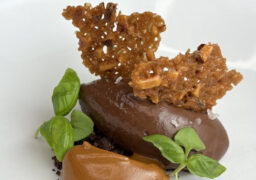 Chocolate Cremeaux, Hazelnut Brittle, Coffee Whoop, Chocolate Soil, Luxardo Cherries, Micro Basil